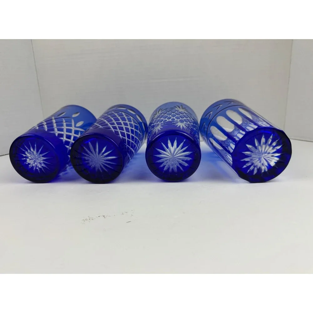 VTG Cobalt Blue Cut to Clear Highball Glasses Set 4 Mixed Pattern Towle Style